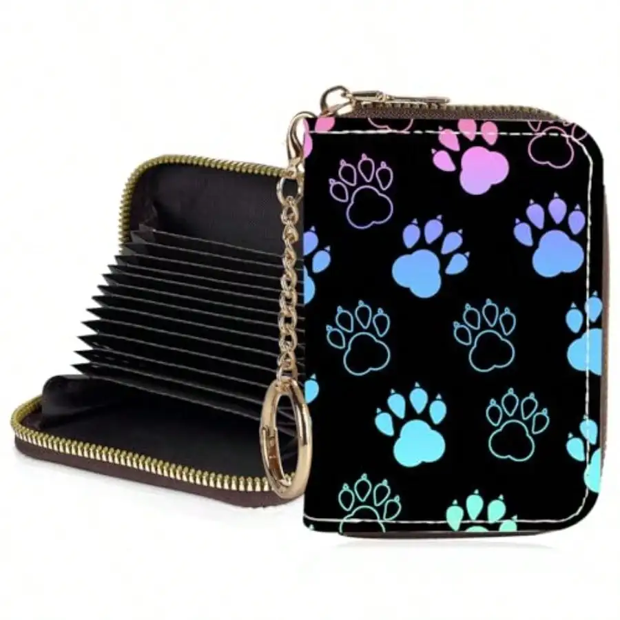 

Credit Card Holder For WomenSmall Rfid Wallet With Keychain Zipper Cute PU Leather Card Case WalletAccordion Credit Card Wallets Gift Colorful Paw Prints