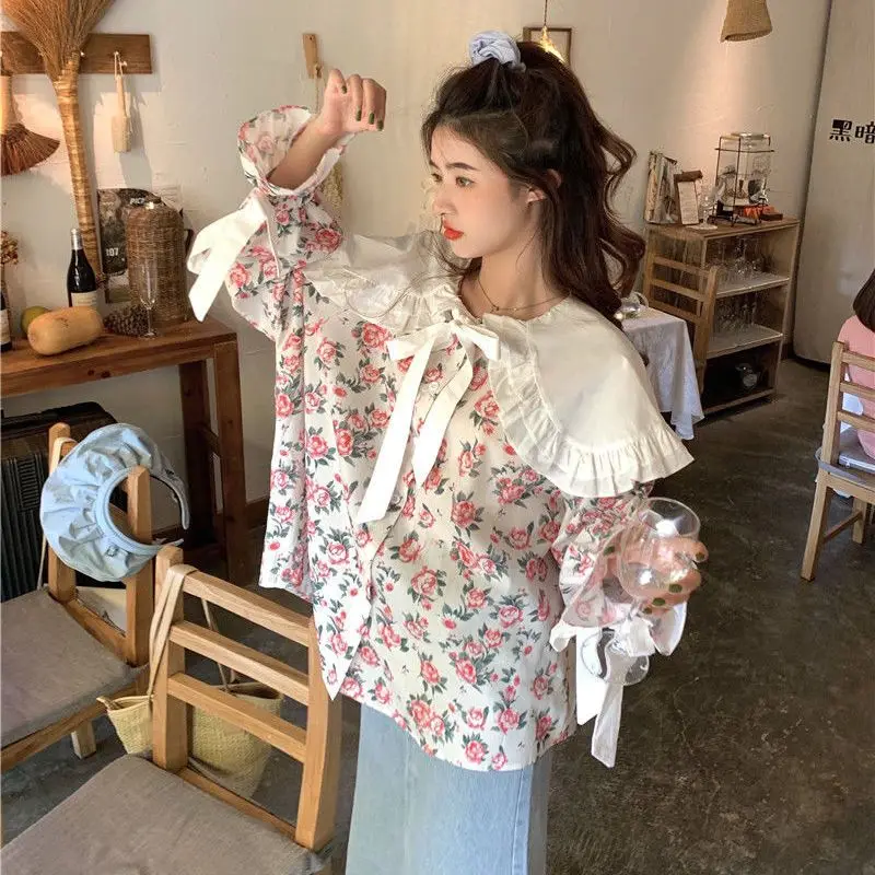 Vintage Floral Shirts Women Kawaii Peter Pan Collar Lace-up Spring Sweet Girlish Long-sleeved Shirt Fashion Streetwear Aesthetic