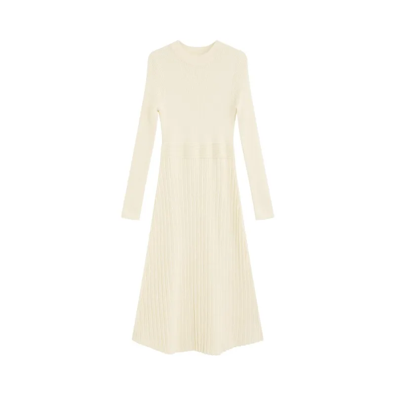 Vestido de malha elegante para mulheres, vestido suéter de manga comprida, cintura alta, vestido midi canelado para camadas de outono e escritório casual