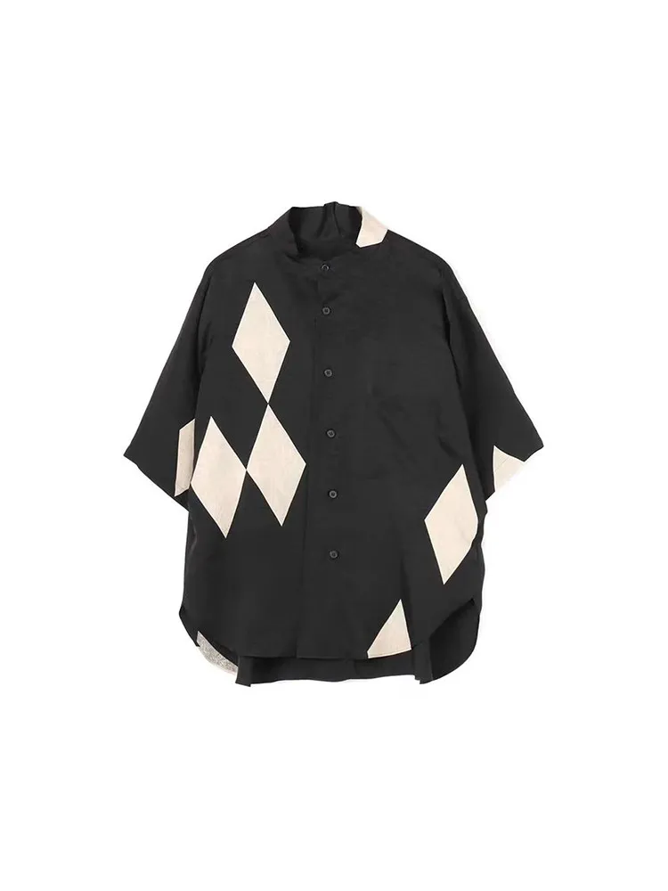 

Japanese Style Dark Diamond Square Splicing Loose Standing Collar Short Sleeved Shirt Top for Men
