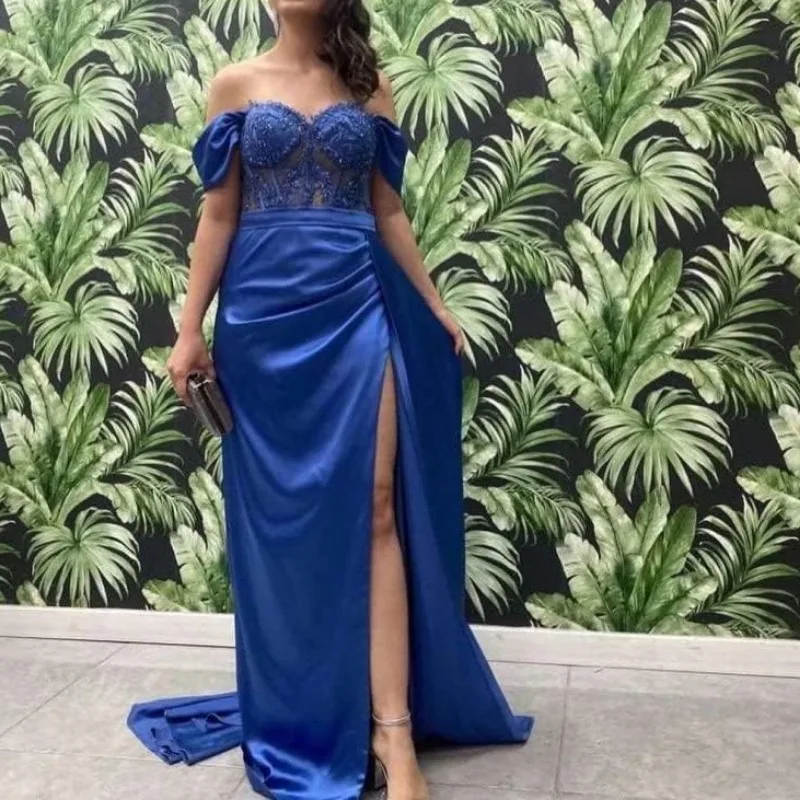 Off Shoulder Prom Silk Dress High Slit Lace Applique Long Formal Evening Gown 2024 Popular Boat Neck Banquet Party Dresses