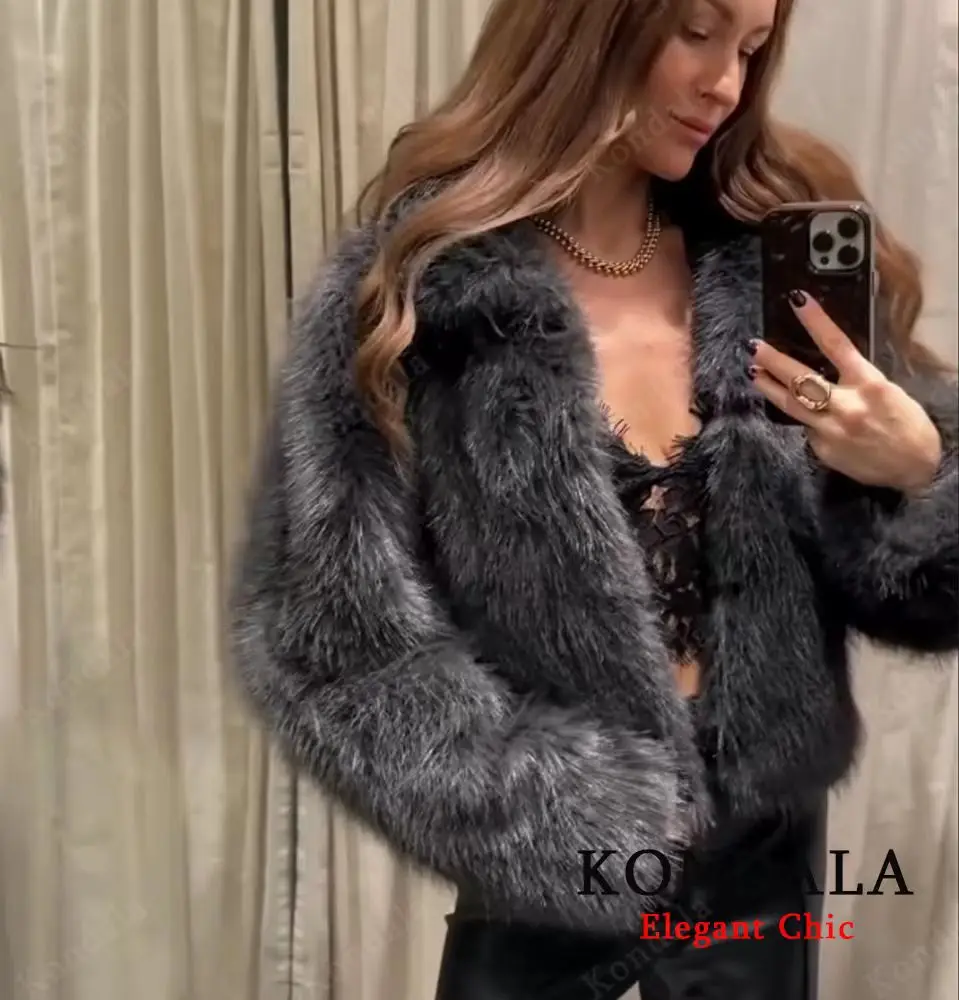 KONDALA الوقوف طوق الفراء سترة المرأة خريف شتاء أنيقة عادية فو الفراء سترة معطف 2025 موضة شارع العليا معطف السيدات
