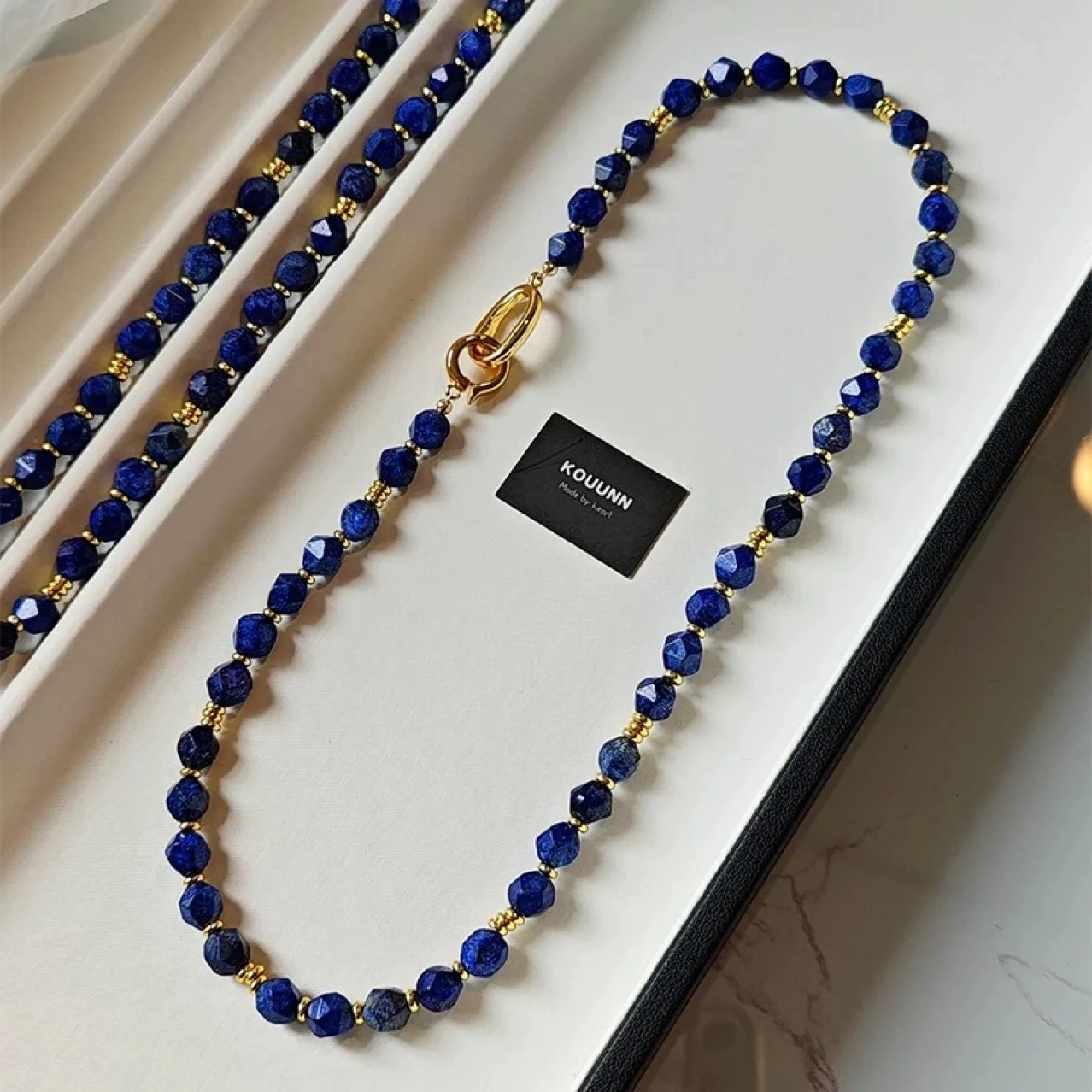 

Medieval Vintage Irregular Cutting Surface Matte Lapis Stone Beaded Necklace Women's Wood Grain Stone High End Ornament