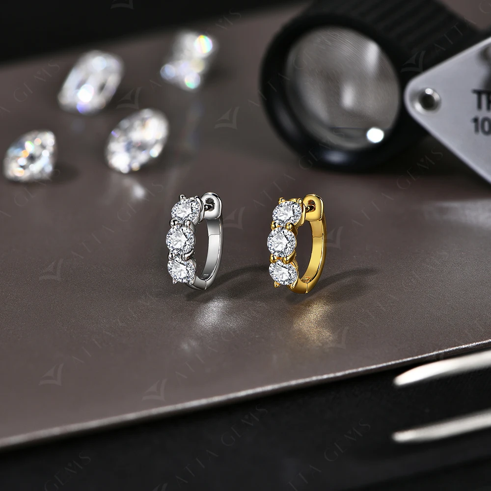 ATTAGEMS Three Moissanite Diamond Earrings for Women Round  Cut 1.8 CTW Hoop Earrings S925 Sterling Silver Wedding Daily Jewelry
