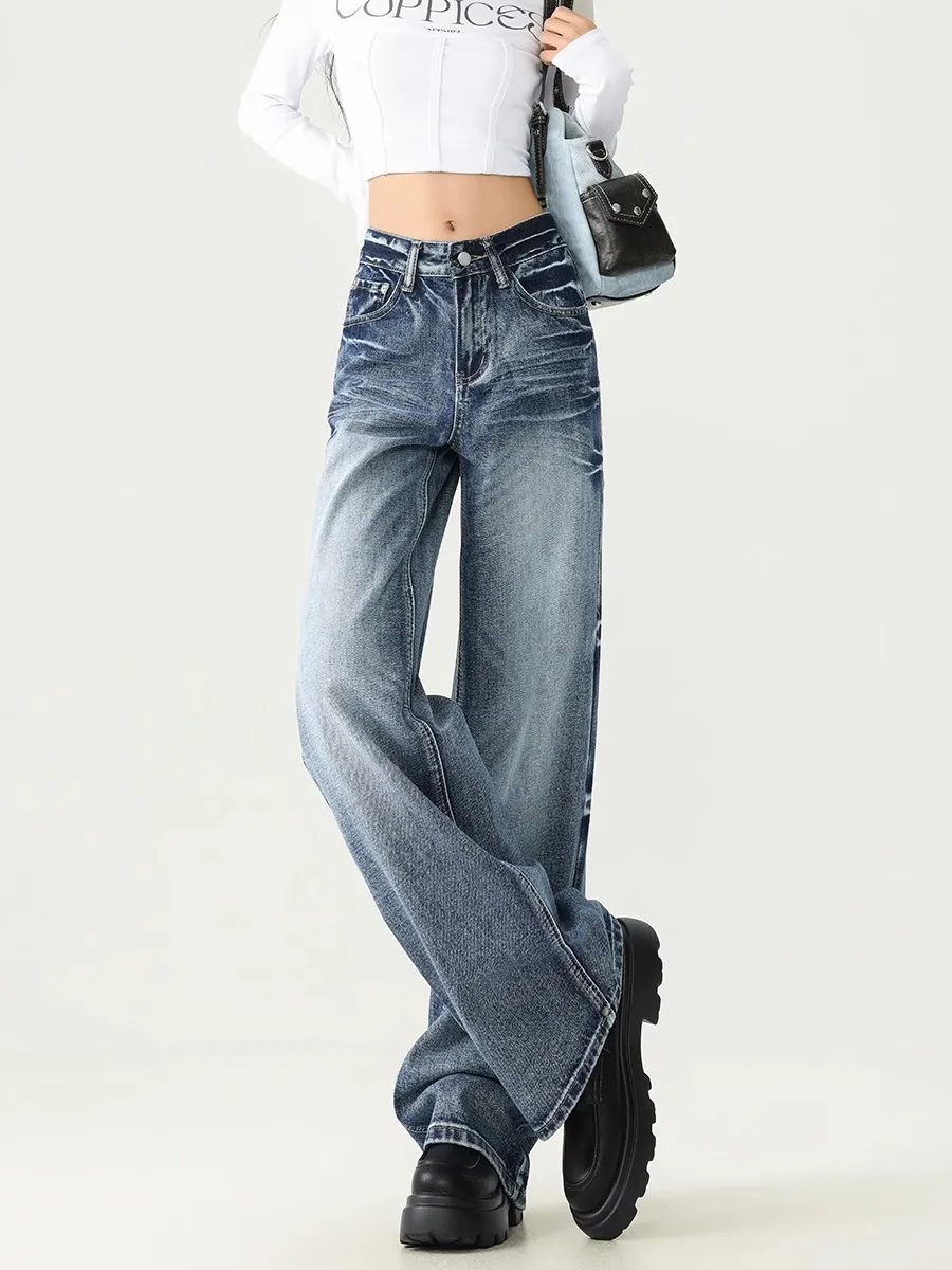 American Retro Cra Wide Leg Jeans Women's Spring Autumn High Waist Loose Slimming Not Legging Floor Length  Hoof Pants