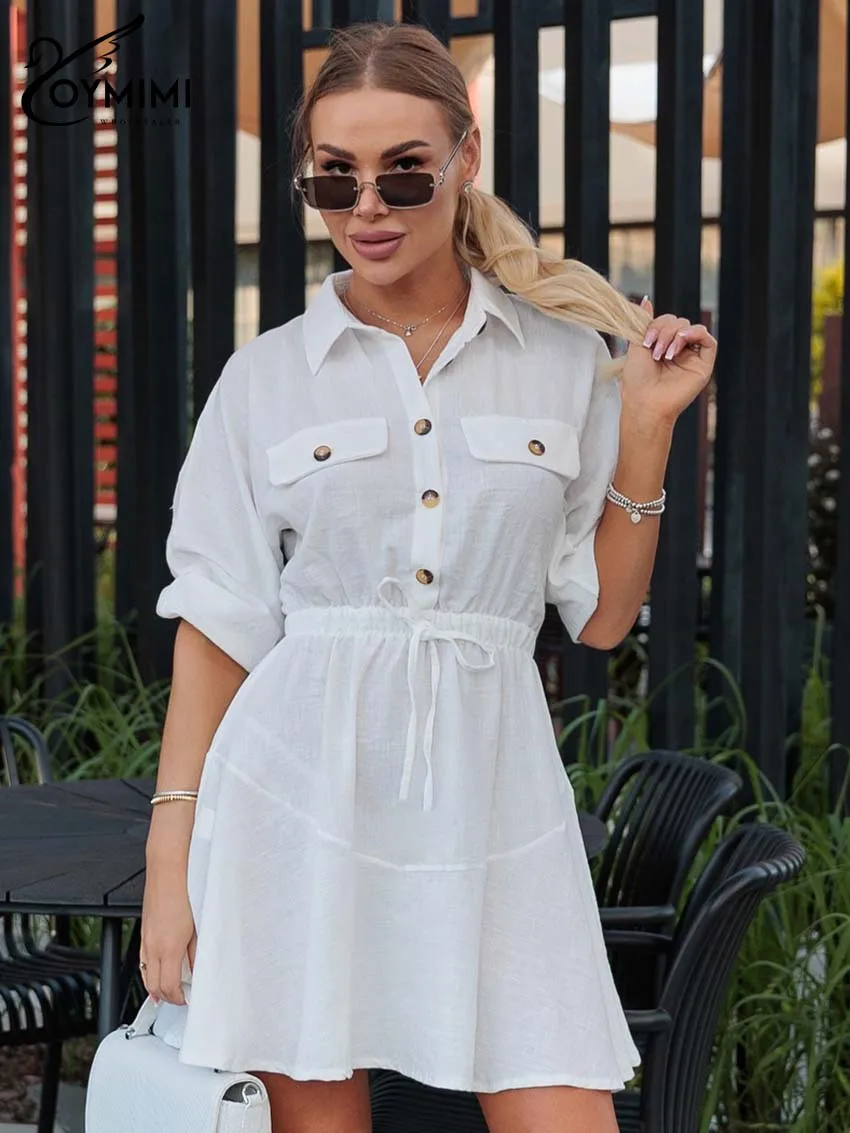 โอ้ยมิมิชุดเดรสผ้าฝ้ายสีขาวหรูหราสำหรับผู้หญิงแฟชั่นกระเป๋าครึ่งแขนเดรสผูกเชือกฤดูใบไม้ร่วงชุดมินิเดรสเอวสูงสตรีทแวร์
