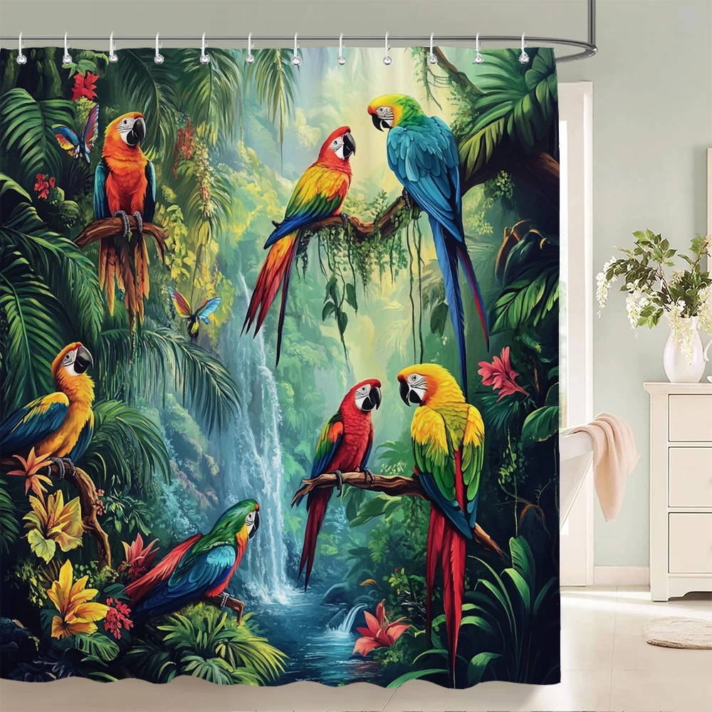 

Tropical Plants, Flowers and Birds Shower Curtain for Bathroom Plant and Floral Decorative Shower Curtains with Hooks