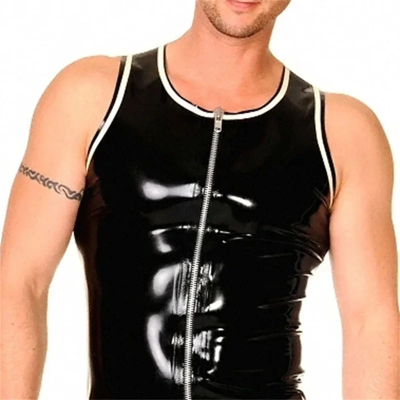 

Black Latex Vest Top Rubber Sleeveless Shirt With Front Zip Sexy Lingerie Cosplay Costumes