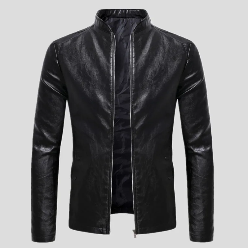 

2025 Spring New Men's Business Casual Slim Long-sleeved Pu Leather Jacket Jacket Side Seam Pocket Zipper Solid Color