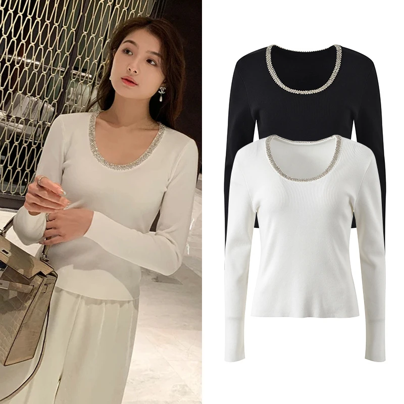 

New 2024 Autumn Women Sweater Rhinestones Pullover O-Neck Solid Elegant High Street Chic Stunning Fashion Casual Design Trendy