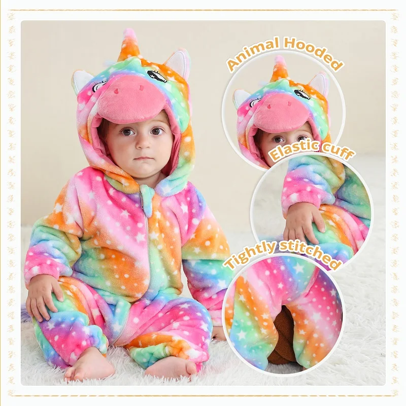 MICHLEY NEW Halloween Rainbow Unicorn Baby Rompers Winter Clothes Cartoon Flannel Costume Soft Bodysuits Overall Bebe For 2-36M