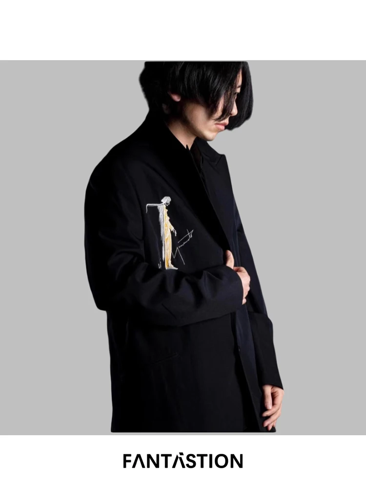 FANTASTION Men's Oversized Blazer with Embroidery a Plush Large-Fit Suit Coat Ideal for Fashionable Men Aiming for a Bold Look