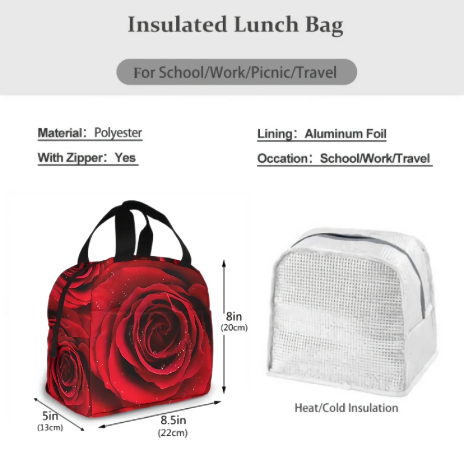 Red Rose Flower with Raindrop Valentine\'s Day Insulated Lunch Bag lunch box containers for Women Men Office School Picnic