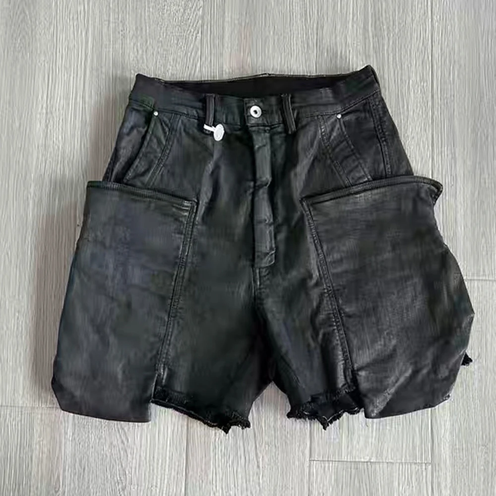 

Waxed Zipper Loose Straight Casual Shorts Men's Black
