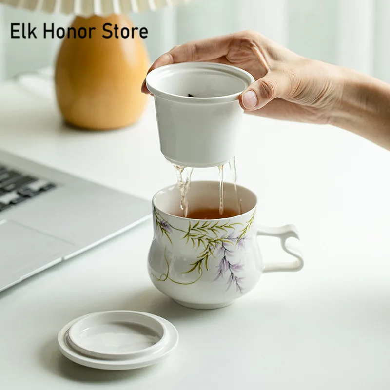 320ml Pure Hand-painted Wisteria Mug Boutique Coffee Cup Mug with Filter and Lid Tea Maker Personalized Mug Tea Items Craft Gfts