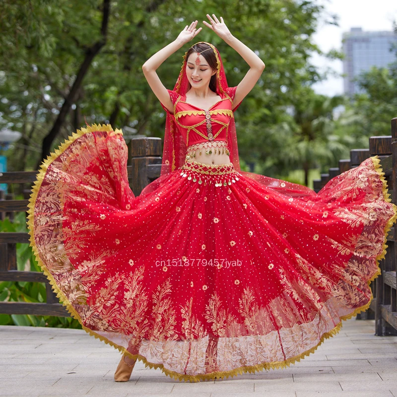 Neues Bauchtanz-Performance-Kostüm-Set, exotischer Stil, indische Tanzkleidung, Bollywood-Tänzerin, Performance, großer Swing-Rock für Damen