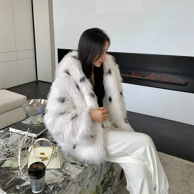 2024 Winter Hooded Fur Coats for Women Long Sleeve Fashion Printing Thick Warm Female Outwear with Hats Faux Fox Fur Jacket 60cm