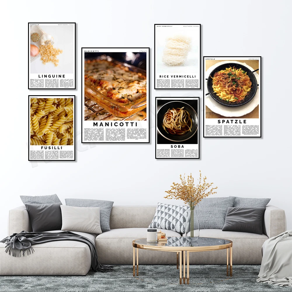 Pasta poster, soba noodles, lasagna, udon noodles, rice noodles, linguine, cannelloni, cooking poster, kitchen art decoration