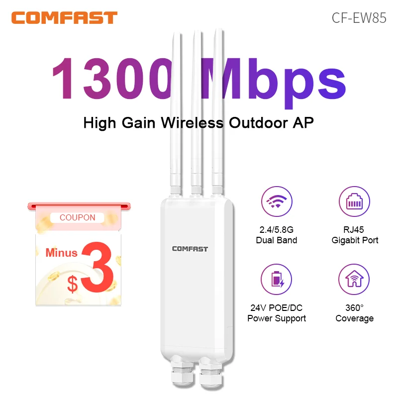 

Comfast 1300Mbps Outdoor Access Point 2.4G&5.8GHz Gigabit AP Long Range Repeater High Power 3*5dBi WiFi Antenna Street Router