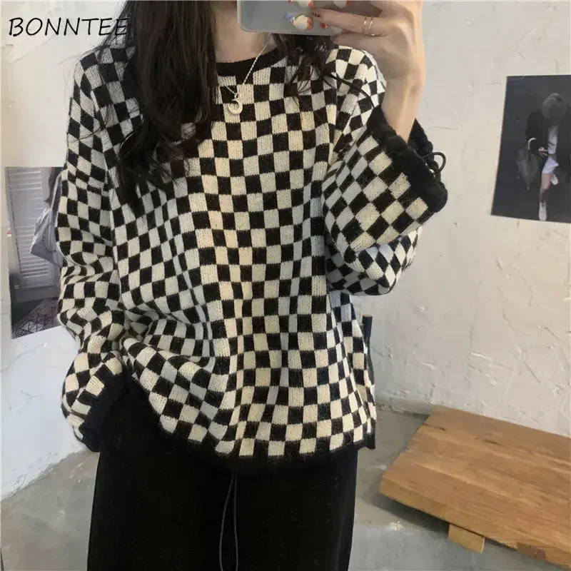 بلوفرات نسائية برقبة دائرية منقوشة بتصميم كلاسيكي كسول للخريف والشتاء رائجة البيع أنيقة وملصقة عصرية للشارع Y2k ريترو فرنسي #2