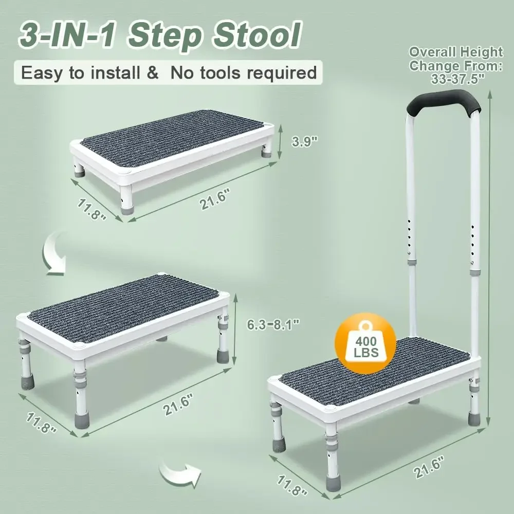 Step Stool with Handle Elderly Adults Bed Steps for High Beds Rails Adjustable Assist Bar Heavy Duty Stepping Stool