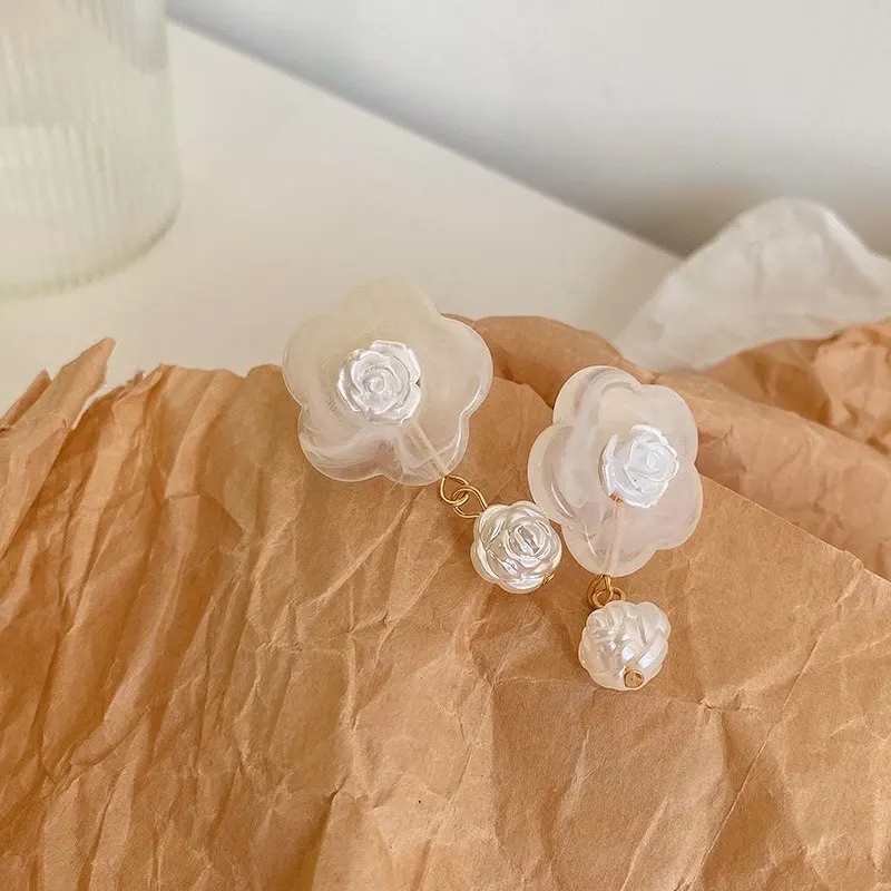 The name of roses. Transparent white flower stud earrings, retro and elegant earrings, flower without pierced earclips.