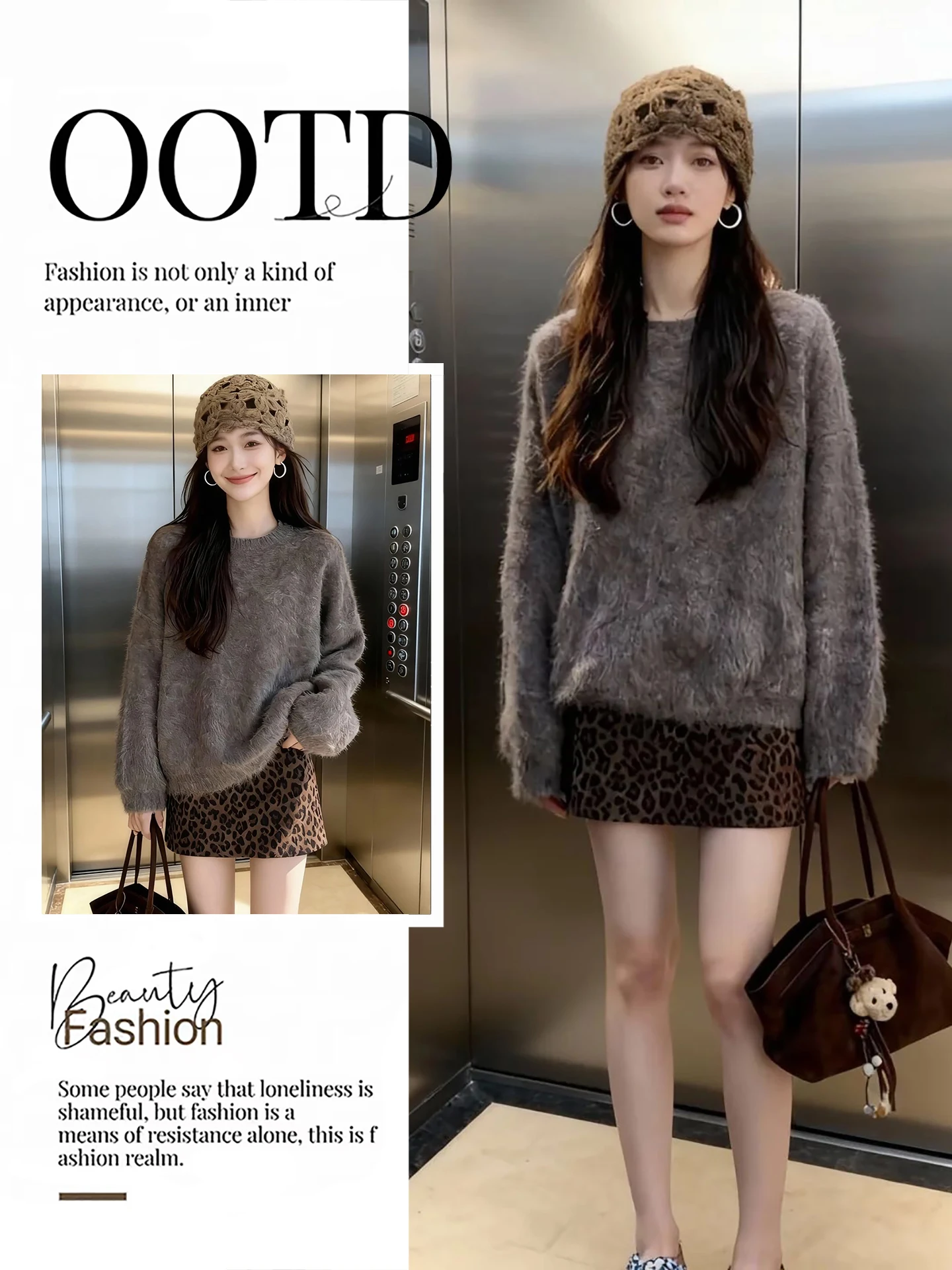 

Soft Cozy Knitted Sweater And Leopard Print Skirt Two Piece Set for Women Ele Autumn Faion Outfit High Waist Skirt