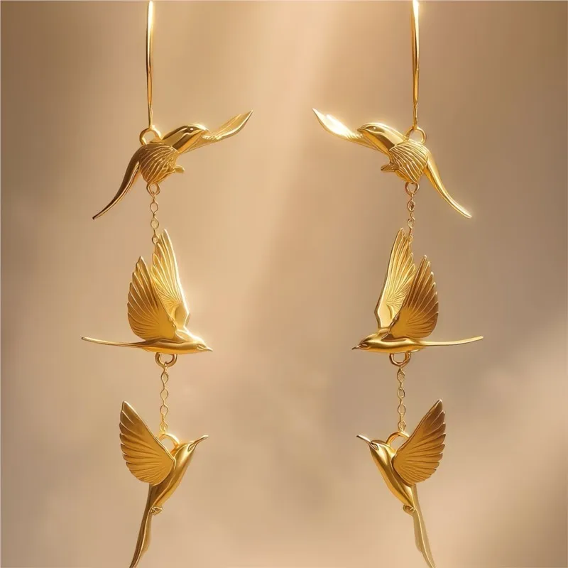 Golden Chinese Style Cloud Swallow Dangle Earrings for Women Three-Layer Flying Bird Long Drop Tassel Ear Jewelry Accessories