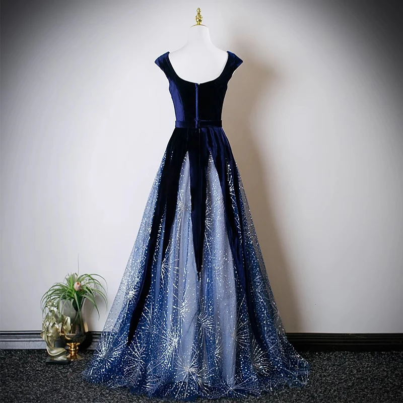 فستان سهرة أنيق برقبة مربعة باللون الأزرق للنساء بألوان متباينة من الدانتيل فساتين حفلات مطرزة على الطراز الفرنسي