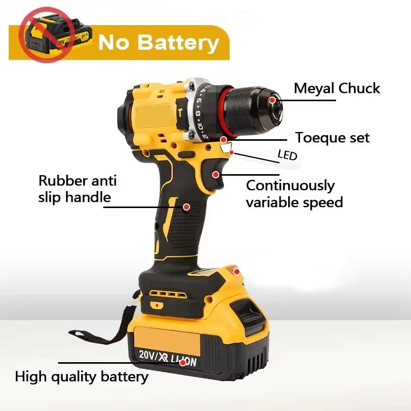 

Brushless Impact Drill Cordless Electric Screwdriver Multi-Function Hand Drill Power Tools For Dewalt 20V Battery PIN