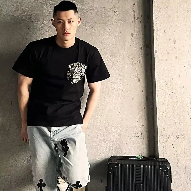 

Мотоцикл 2025 года, американская локомотив Harley Heavy Machine, мужская и женская хлопковая футболка с короткими рукавами, модная брендовая черная футболка