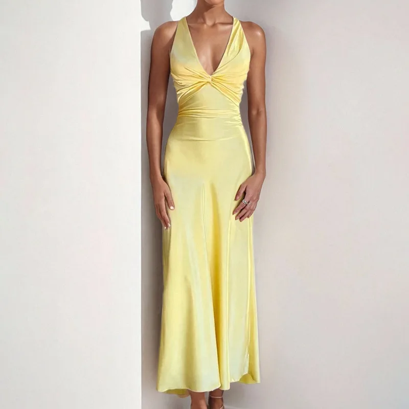 

Elegant Sleeveless Satin Bow Tight Long Skirt For Women Sexy Deep V Backless Evening Dress For Women Slim Party Club Vest