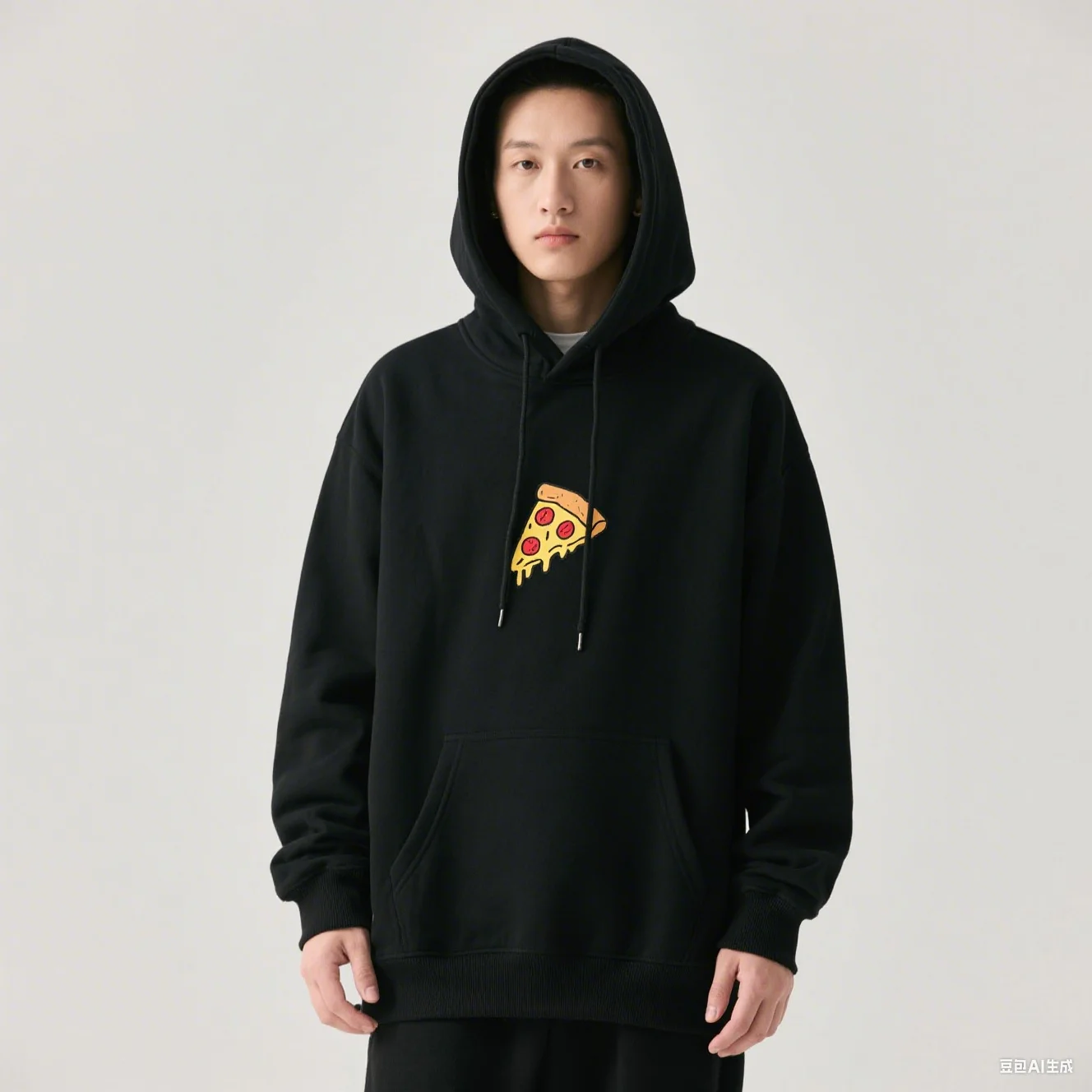 330G heavy-duty sweatshirt met capuchon, pizzaschetsprint, eenvoudige stijl, zachte stof