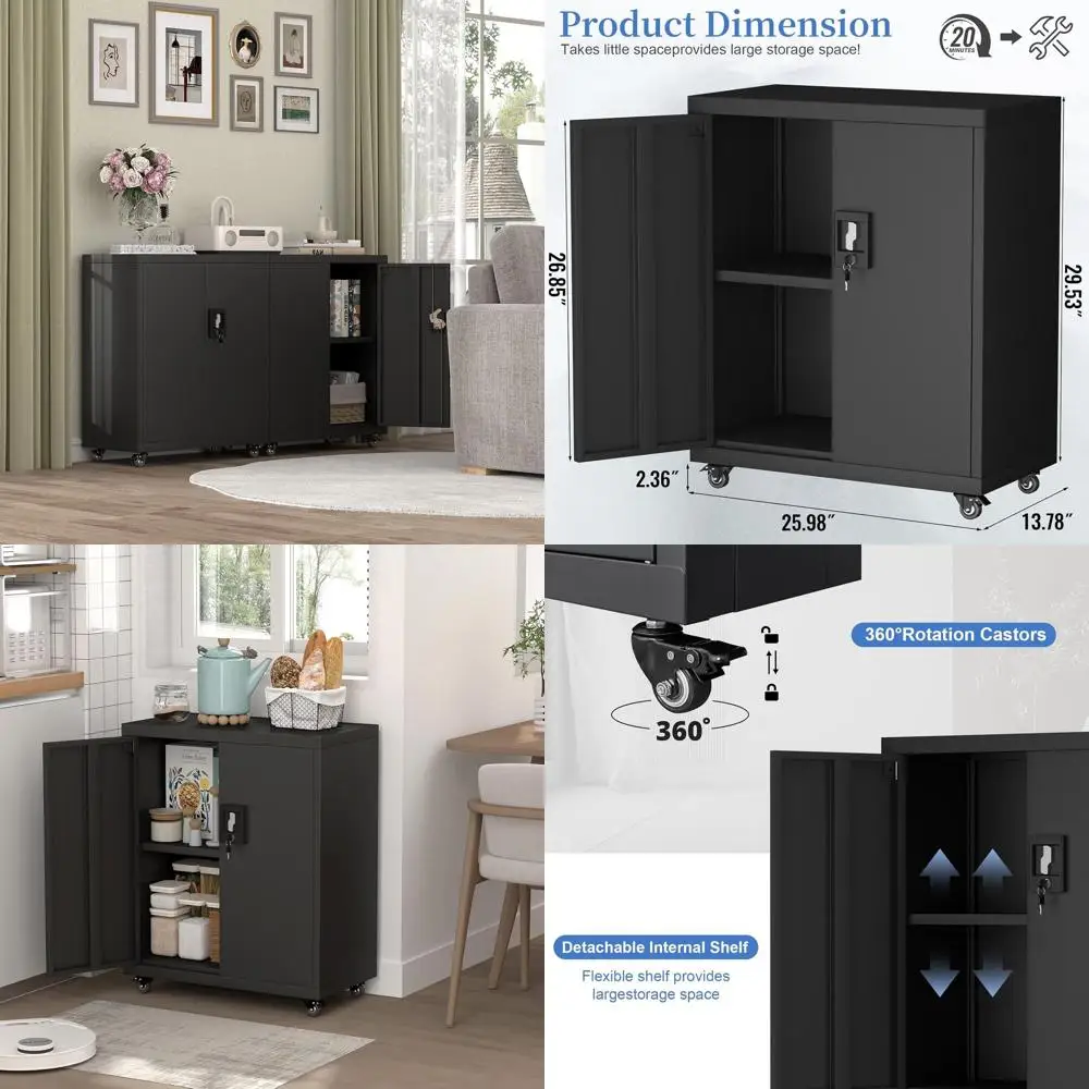 

Portable Lockable Storage Cabinet with Wheels, Rolling Tool Storage for Garage, Basement, and Office, Black