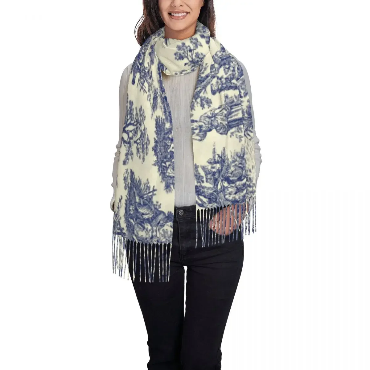 Toile De Jouy Blue Scarf Wrap for Women Long Winter Fall Warm Tassel Shawl Unisex French Navy  Motif Scarves