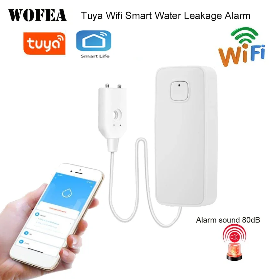 WiFi Water Leakage Alarm Detector Battery Powered with Tuya Smart Life App Water Sensor with 1m Cable 2.4G Network No Need Hub