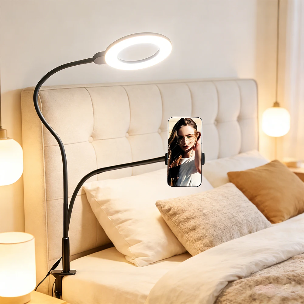

Universal Flexible Phone Holder with Selfie Ring Light LED Desk Lamp Lazy Bracket for Live Stream Makeup Fill Light Office Study