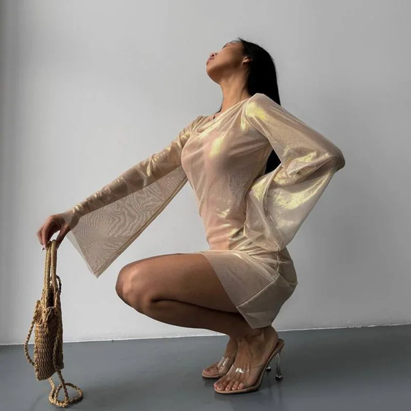 Sexy Women Dresses Mesh Bronzing Fashion Temperament See-through Micro Flared Long Sleeve Charming Short Golden Dresses