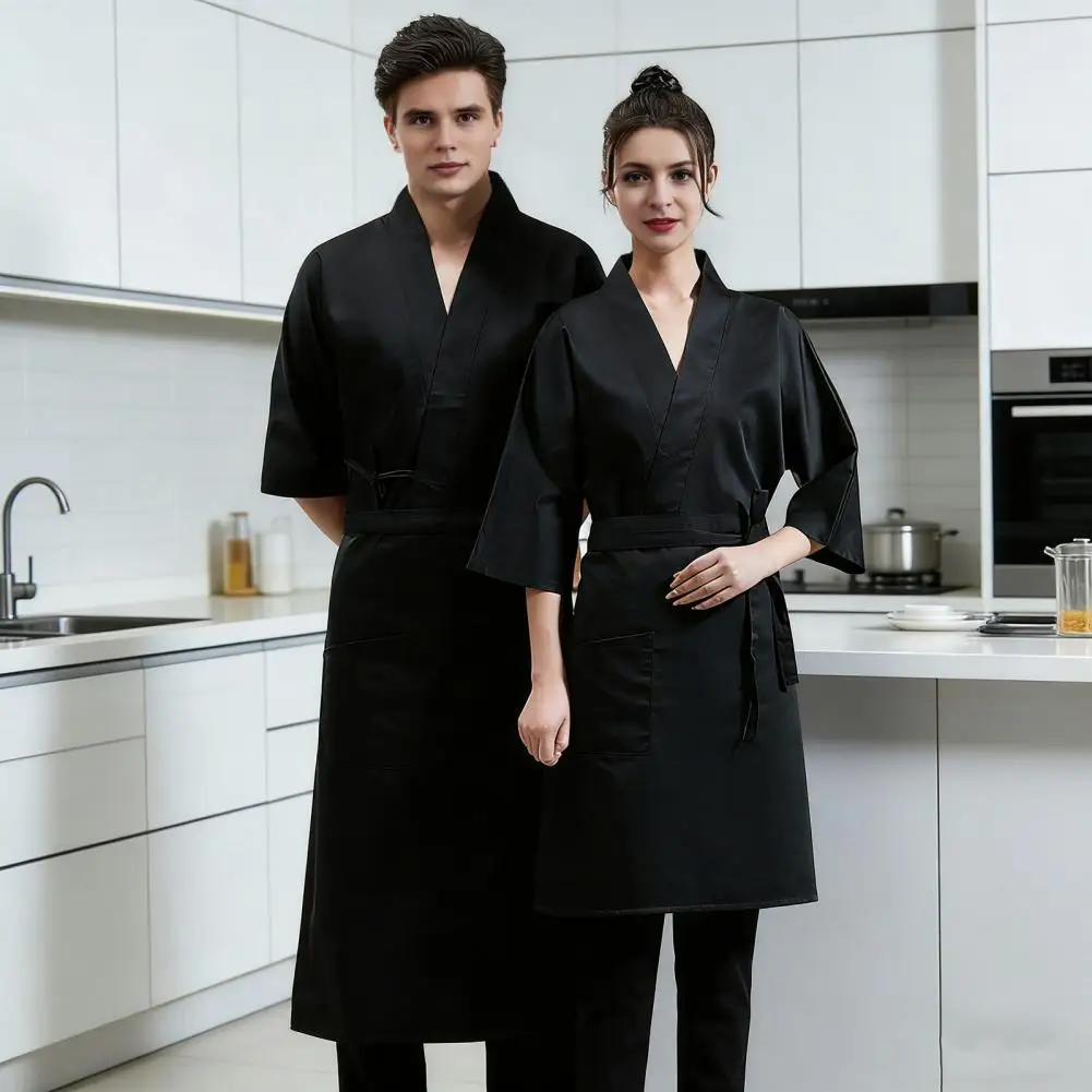 Women Men Chef Uniform With Apron Adjustable Waist Strap V-Neck Crossover Style Chef Jacket Professional Kitchen Workwear