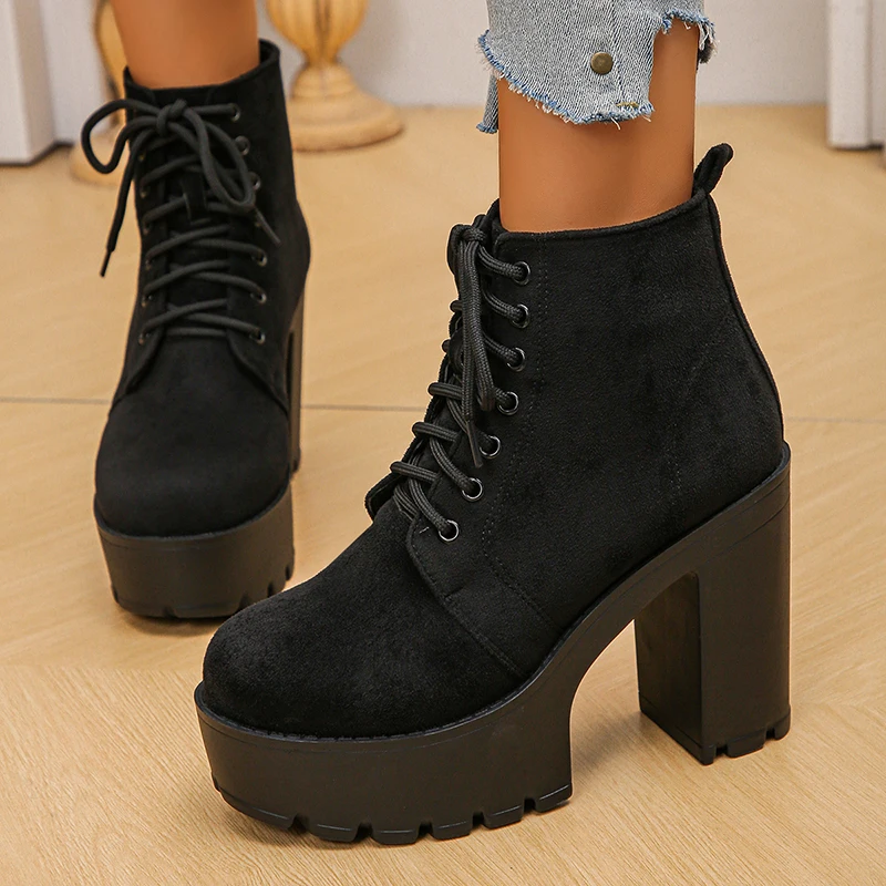 

Black Thick High Heels Ankle Boots Women 2026 Plus Size 42 Lace Up Short Booties Mujer Vintage Chunky Platform Flock Boots Woman