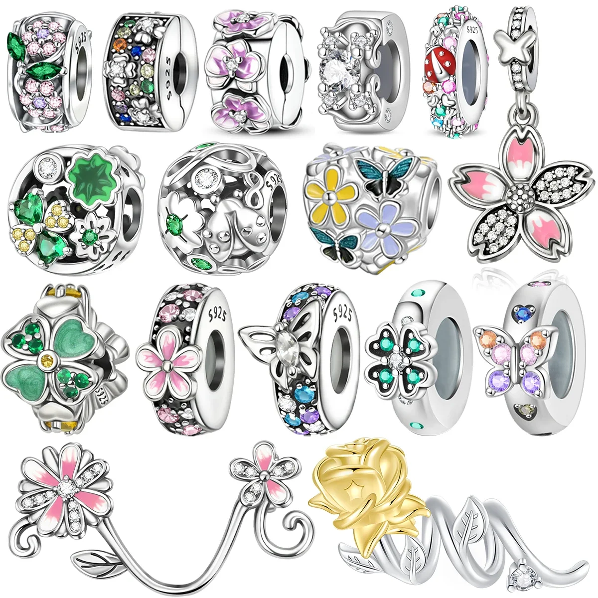 

Flower Pendant Charms 925 Sterling Silver Butterfly Spacer Beads Bling Gem DIY Bracelet Necklace For Women Blossom Fine jewelry