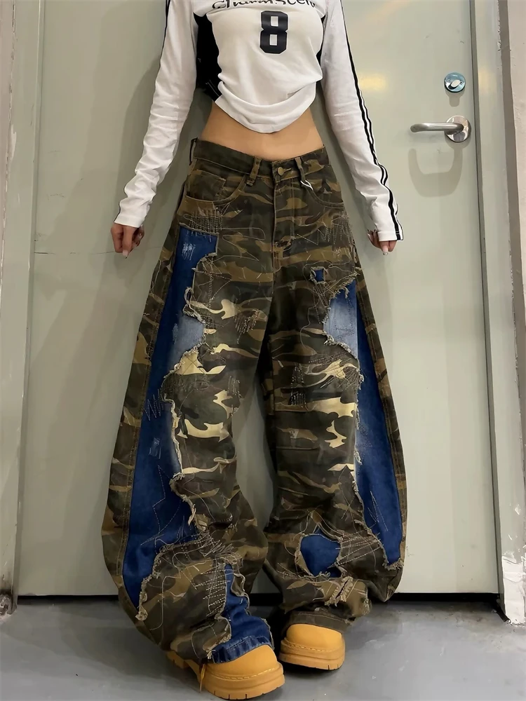 Women's Camouflage Patchwork Casual Pants 90s Y2k Sweatpants Women Unisex High Waisted Retro Bottoms Female Wide Leg Trousers