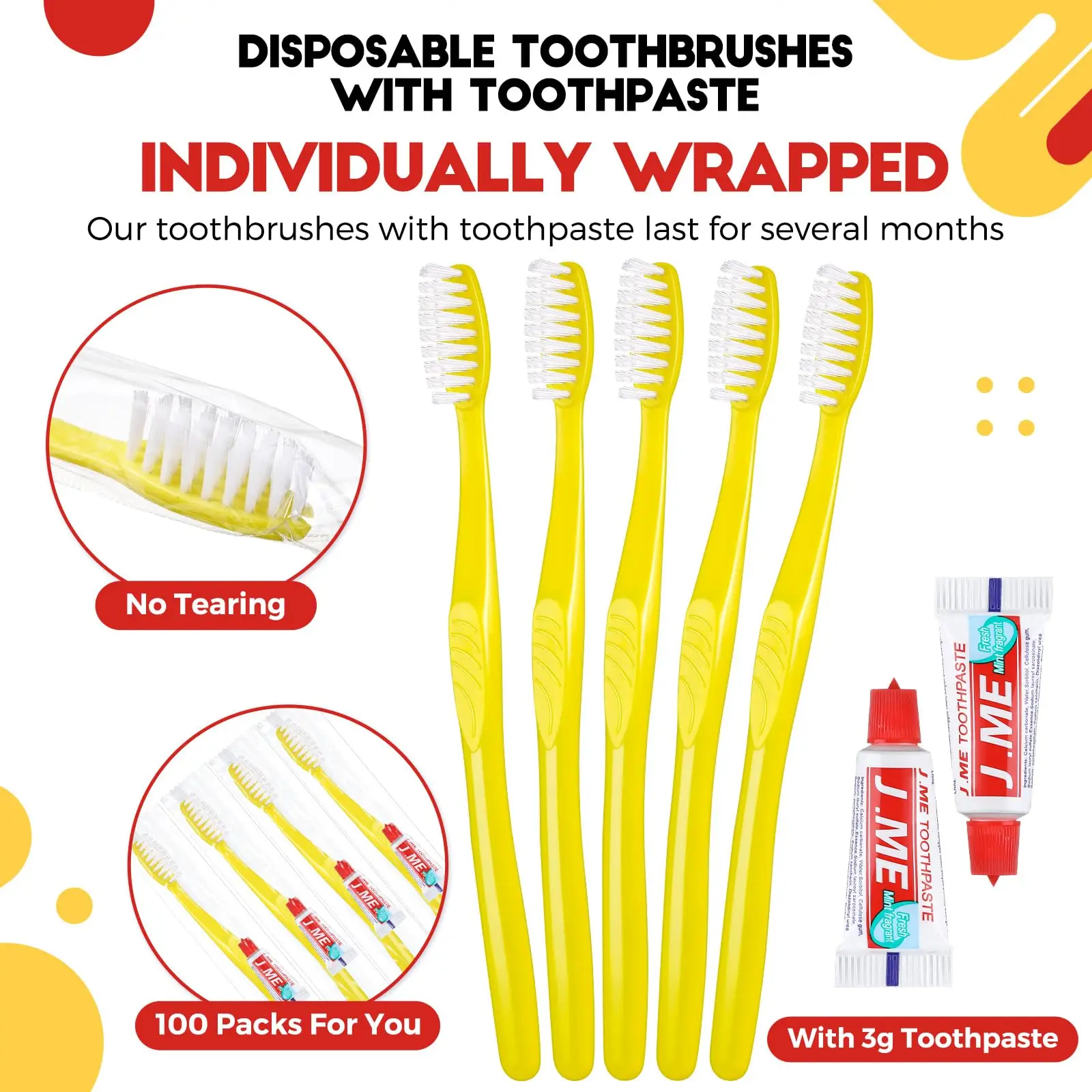 Disposable Toothbrushes with Toothpaste,100 Pack Yellow Hollow Individually Wrapped Disposable Travel Toothbrushes Kit for Hotel