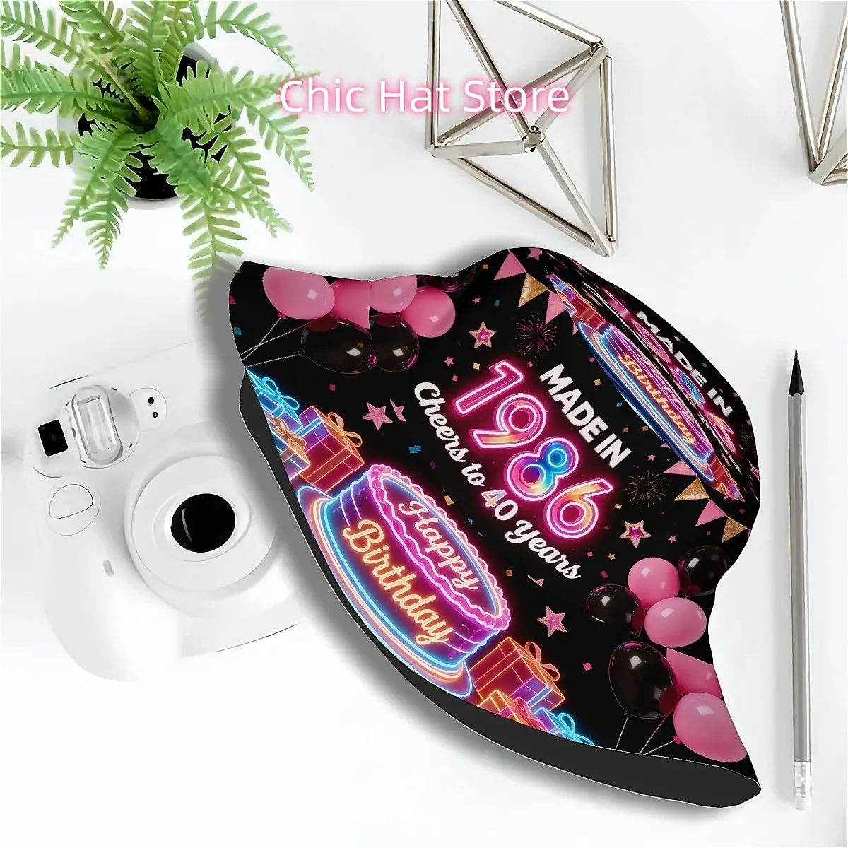 1pc Created in 1986 Celebrating 40 Years Neon Pink And Black Happy Birthday Cake Balloons Unisex Printed Fisherman Hat, a Trendy