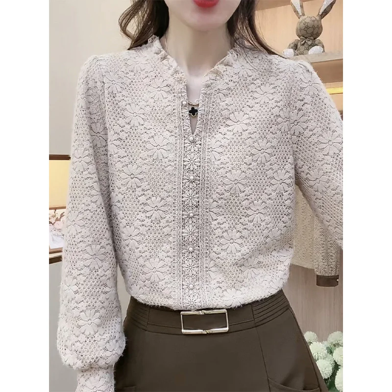 2023 New Spring and Autumn and Winter Western Style Korean Commuter Fashion Stand Up Neck Lace Jacquard Plush Thickened Shirt