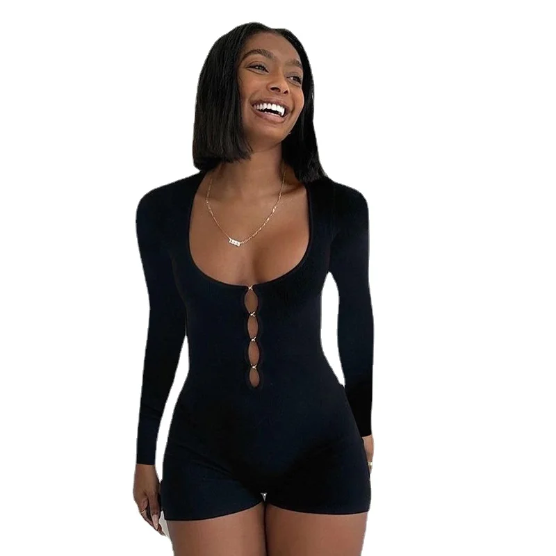 

Black Long Sleeve Bodycon Playsuit Sexy Round Neck Low Cut Hollow Out Skinny Shorts Rompers Women Street Clubwear Outfit