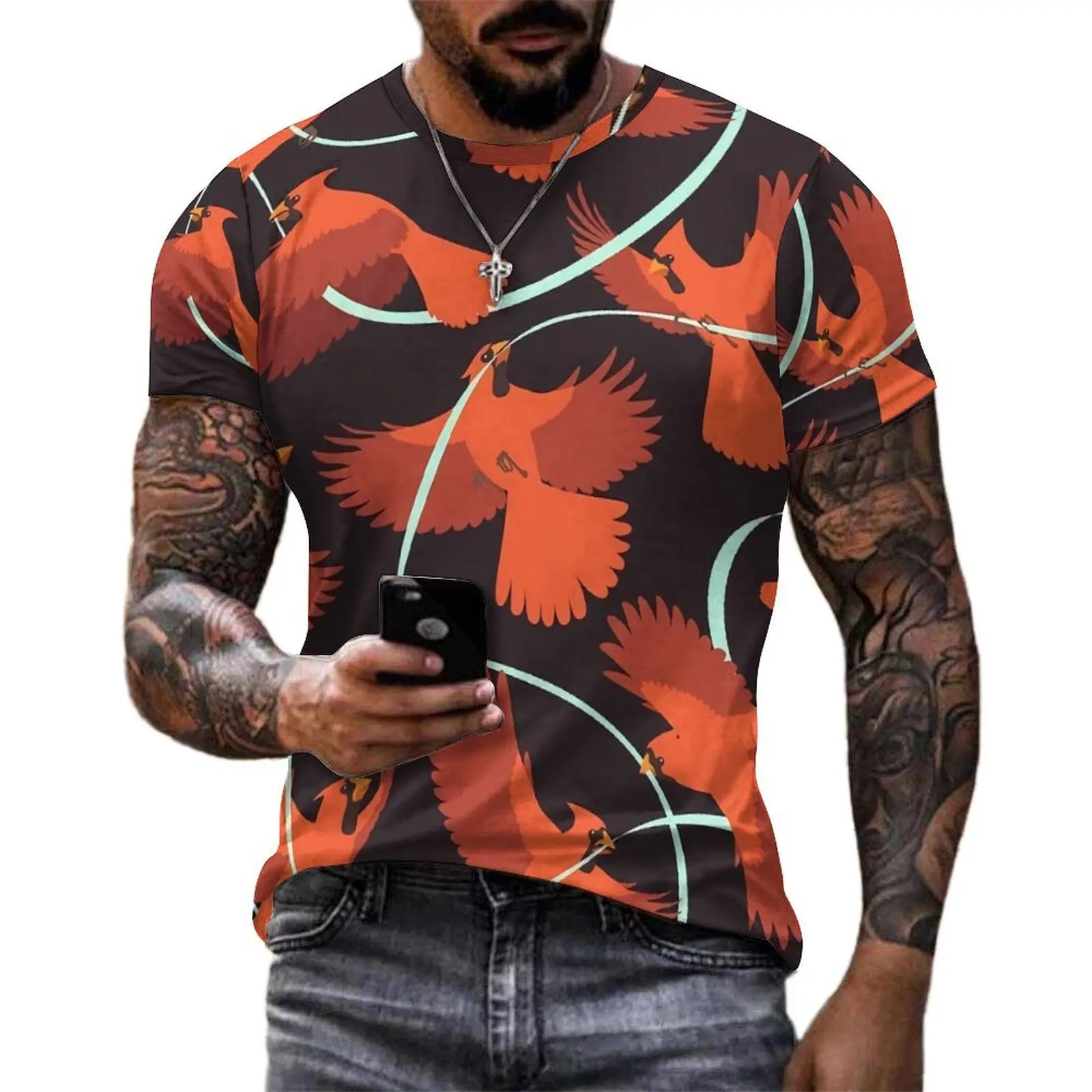 Red Bird T Shirt For Man Cardinals with Ribbon O Neck T-Shirts Original Harajuku Clothing Short Sleeve Streetwear Plus Size Tees
