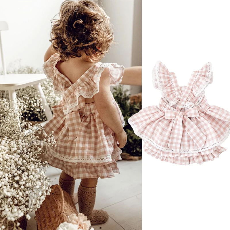 1 Set Summer Vintage Baby Girl Sleeveless Pink Plaid Dress Kid Ruffles Criss-Cross Dress Todder Children\'s Princess Dresses 4T