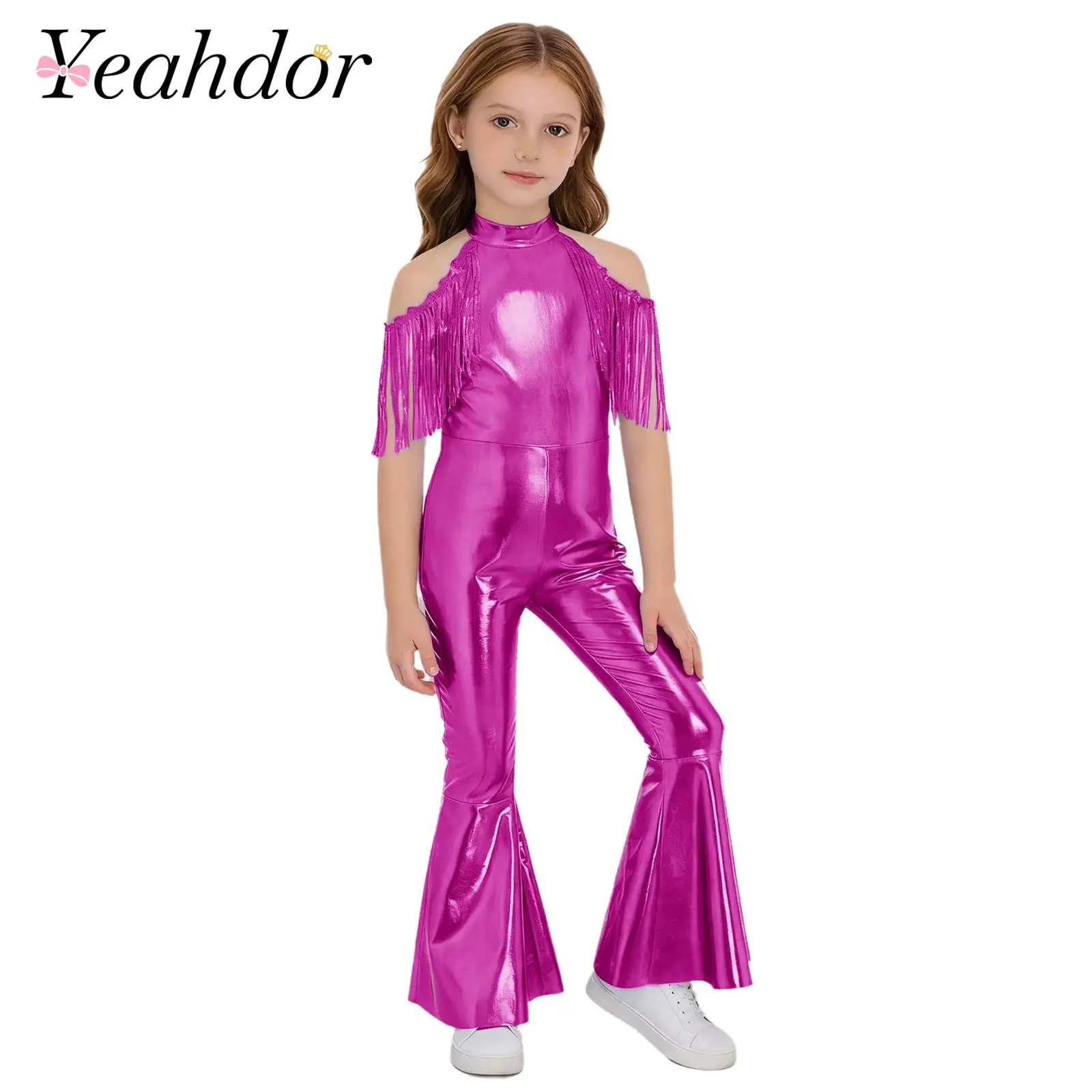 Children's Jumpsuit Kids Girls Flares Shiny Flared Pants Cold Shoulder Sequined Tassel Metallic Jumpsuit Jazz Dance Dancewear