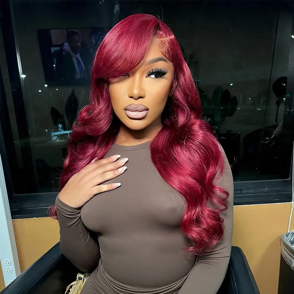 

99j burgundy 13x6 Lace Front Human Hair 220 Density Body Wave 13x4 30 36 Inch Red Colored Lace Frontal Wigs Brazilian For Women